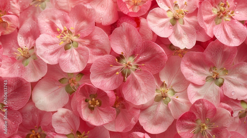  a close up of a bunch of pink flowers with drops of water on the petals and in the middle of the petals.
