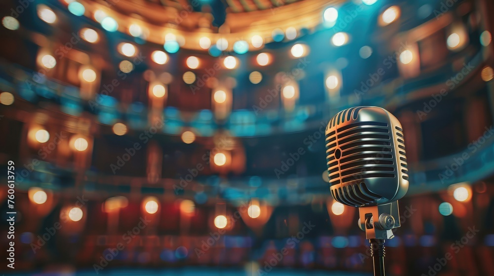 Microphone on stage against a background of auditorium - obrazy, fototapety, plakaty 