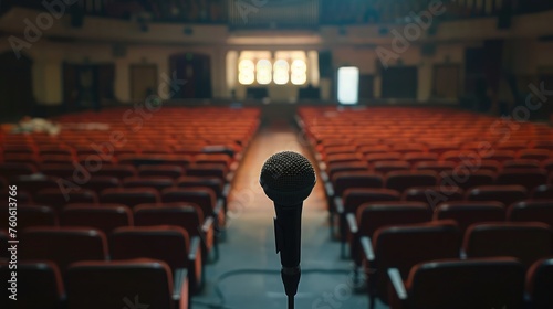 microphone on the stage and empty hall during the rehearsal