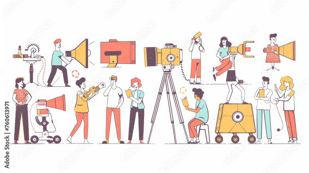 Filmmaking people and equipment. Flat design style minimal modern illustration.