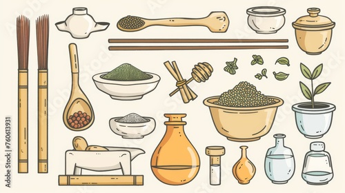 The tools and medical supplies of oriental medicine making. Modern illustration in flat style. photo