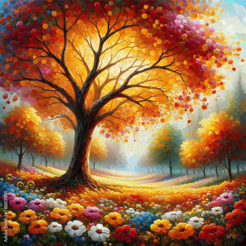 Painting of a tree with colorful flowers in the autumn season. Oil color painting.