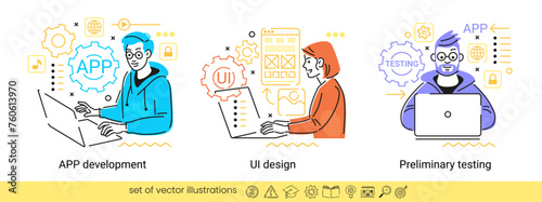 Collection of different business concept scenes. Human with icons and images. Preliminary testing. UI design. APP development