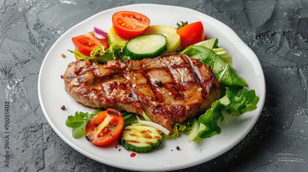 Pork meat grilled with fresh vegetable salad on a white plate. a top view of a horizontal Pork meat grilled with fresh vegetable salad on a white plate. a top view of a horizontal