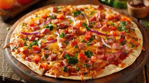 Pizza made with ham, onions , tomatoes and cheese on a flour tortilla