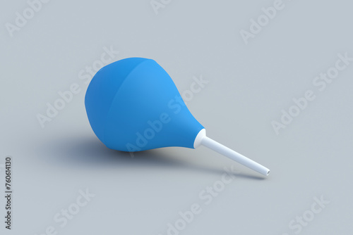 One enema on gray background. Rubber douching bag. Pear shaped syringe bulb. Medical clyster. Nasal aspirator. Laboratory tool. Constipation treatment. 3d render