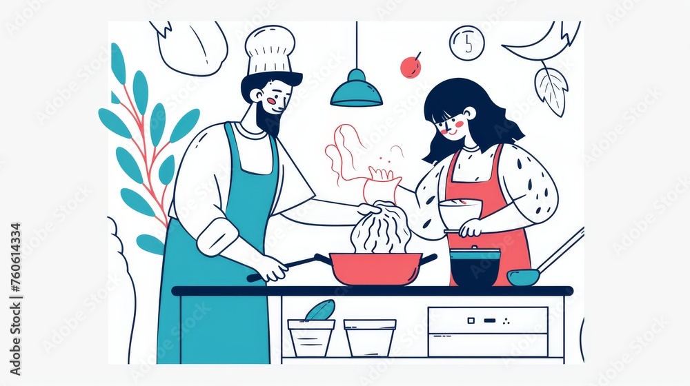 In this illustration, a man is cooking while a woman is bagging him. This is a modern doodle style illustration of a hand drawn style.