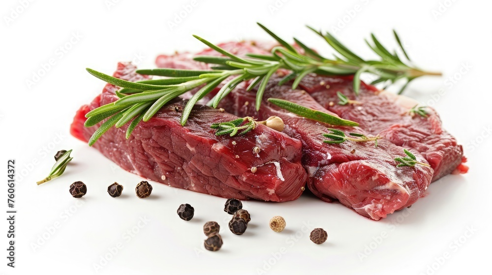 Raw beef steak with rosemary and peppercorns on white background Raw beef steak with rosemary and peppercorns on white background