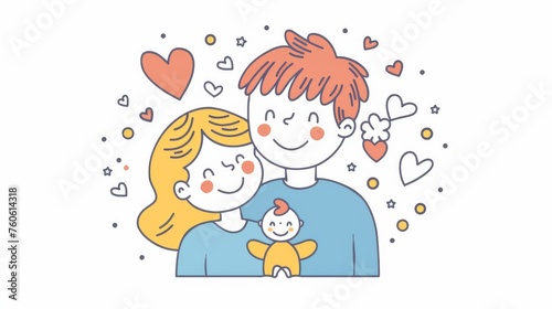 A month dedicated to celebrating families. A loving mother will hold her newborn baby, a loving father will do the same, and cute baby characters will be depicted.