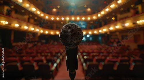 Public performance on stage Microphone on stage against a background of auditorium. Shallow depth of field. Public performance on stage.