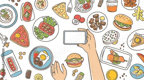 A hand drawing style modern illustration of doodle design hands taking pictures of food with a mobile phone.
