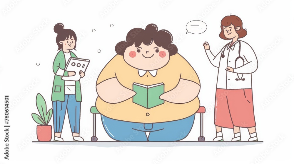 A large character is being treated by little doctors for her mental health. An illustration of flat design style. A large character is being treated by little doctors for her mental health. An illustration of flat design style.