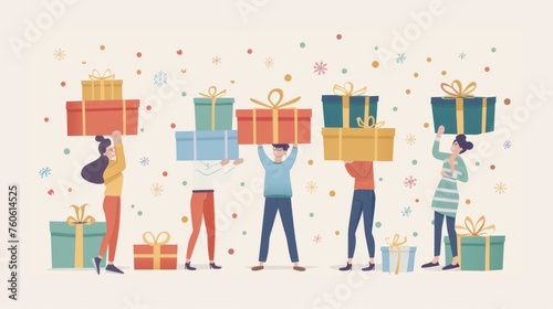 People sharing stacked gift boxes on a poster. Flat design style minimal modern illustration.