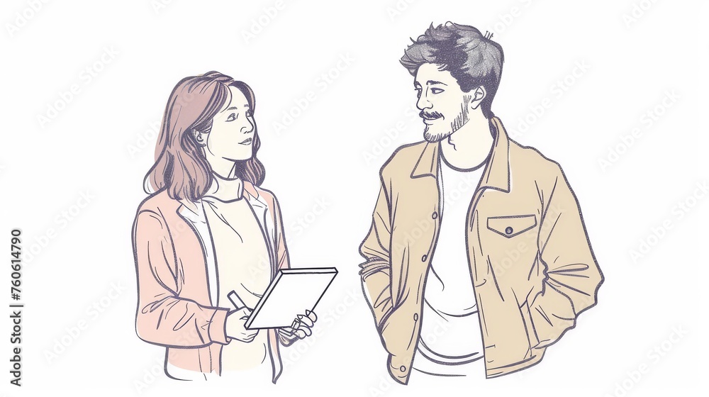 An illustration depicting a man and woman discussing work in the office. Illustrations in hand drawn style. An illustration depicting a man and woman discussing work in the office. Illustrations in hand drawn style.