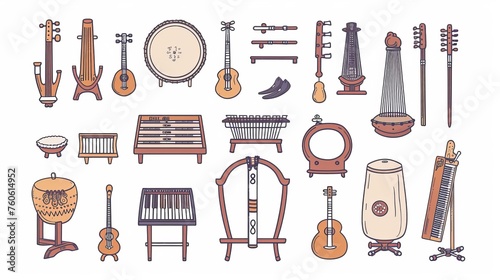 Typical Korean musical instruments: Buk, Gong, Gwaenggwari, Sogo, Jabara, Janggu. photo