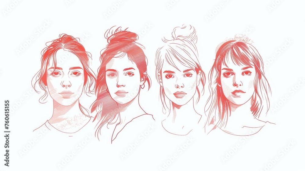 An illustration of four serious faces of women. Hand drawn style modern illustration. An illustration of four serious faces of women. Hand drawn style modern illustration.