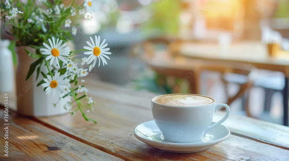 Fototapeta premium Start-up for energy's life of good day in morning time at coffee cafe shop concept. Cup of coffee latte art espresso with flower or leaves shape on wooden table. Selective focus and vintage tone.