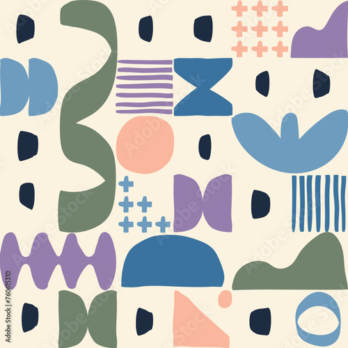 Abstract patterns of geometric and organic shapes with a soft color palette, irregular shapes blended together in a balanced composition. 
