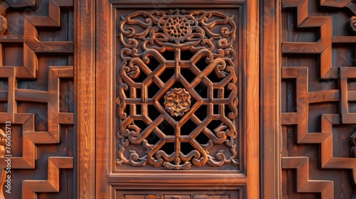 Close up of a wooden door with intricate carvings. Suitable for architectural and design projects