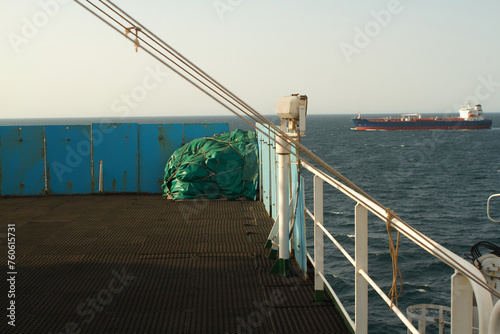 Obraz na płótnie View of the vessel hardening metal plates on the bridge wing of a ship at sea