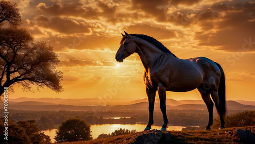 A magnificent horse trotting through the mountains at sunset © Rogerio Mansur