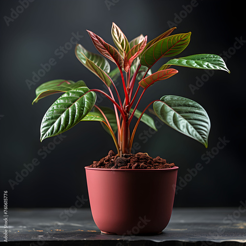 A red plant in a red pot sits on a table. The plant is full of leaves and has a dark green stem  Generative AI photo