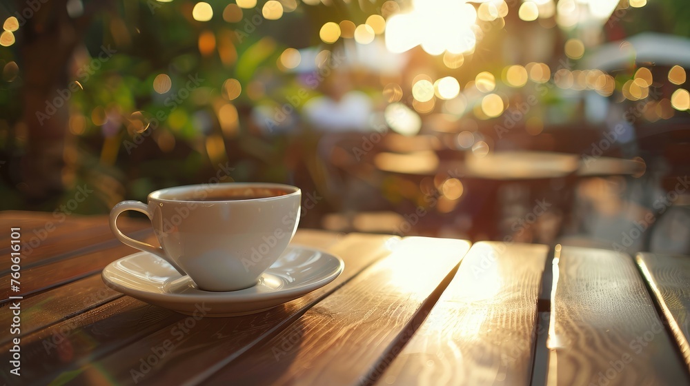A cup of coffee and saucer on wooden table in cafe and morning lights. A cup of coffee and saucer on wooden table in cafe and morning lights.