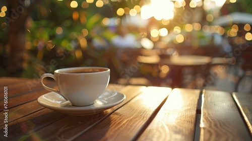 A cup of coffee and saucer on wooden table in cafe and morning lights.