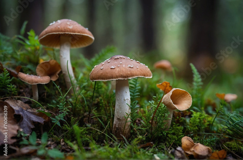 beautiful closeup of forest mushrooms in grass autumn