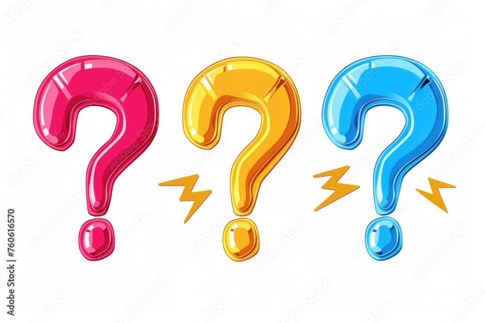 Three vibrant question marks on a clean white backdrop. Perfect for educational materials or websites Three vibrant question marks on a clean white backdrop. Perfect for educational materials or websites