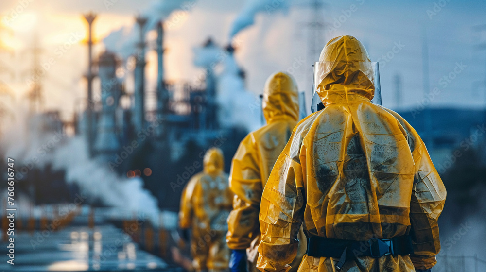 Workers in protective suits focused on hazardous task chemical plant blurred in backdrop safety first Workers in protective suits focused on hazardous task chemical plant blurred in backdrop safety first