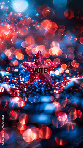 Patriotic American star with Vote inscription set against a sparkling, bokeh light background, symbolizing the importance and celebration of democracy