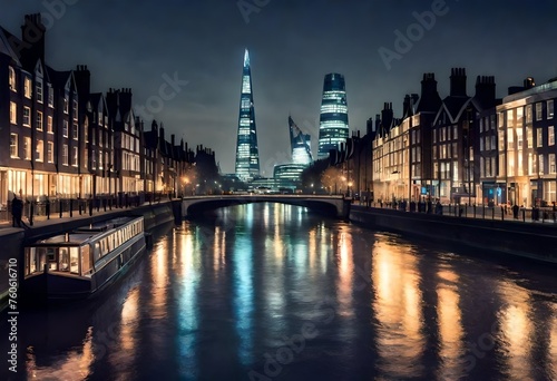 The river Thames winding through the heart of the city  reflecting the shimmering lights of towering buildings and ancient monuments lining its banks