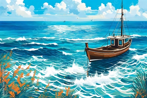 boat on the beach, Embark on a nautical adventure with an AI-generated illustration featuring a serene seascape © SANA