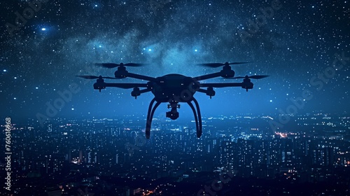 Silhouette of a delivery drone soaring through a starlit cityscape delivering packages efficiently and sustainably. photo