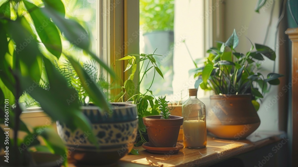 A collection of green potted plants on a windowsill. Perfect for home decor or gardening concepts