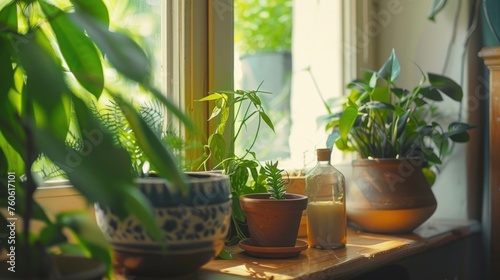 A collection of green potted plants on a windowsill. Perfect for home decor or gardening concepts