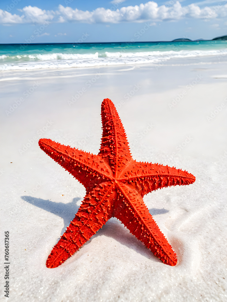 Red starfish on the white sand beach Red starfish on the white sand beach