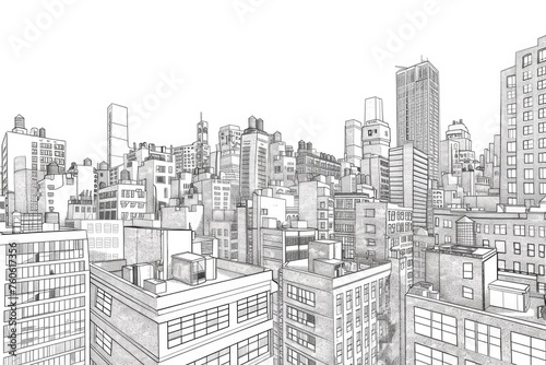 Detailed black and white drawing of a cityscape  perfect for architectural projects