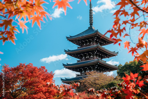 elegant composition featuring the iconic To-ji Temple pagoda surrounded by vibrant autumn foliage, with a clear blue sky overhead, Japanese minimalistic style,