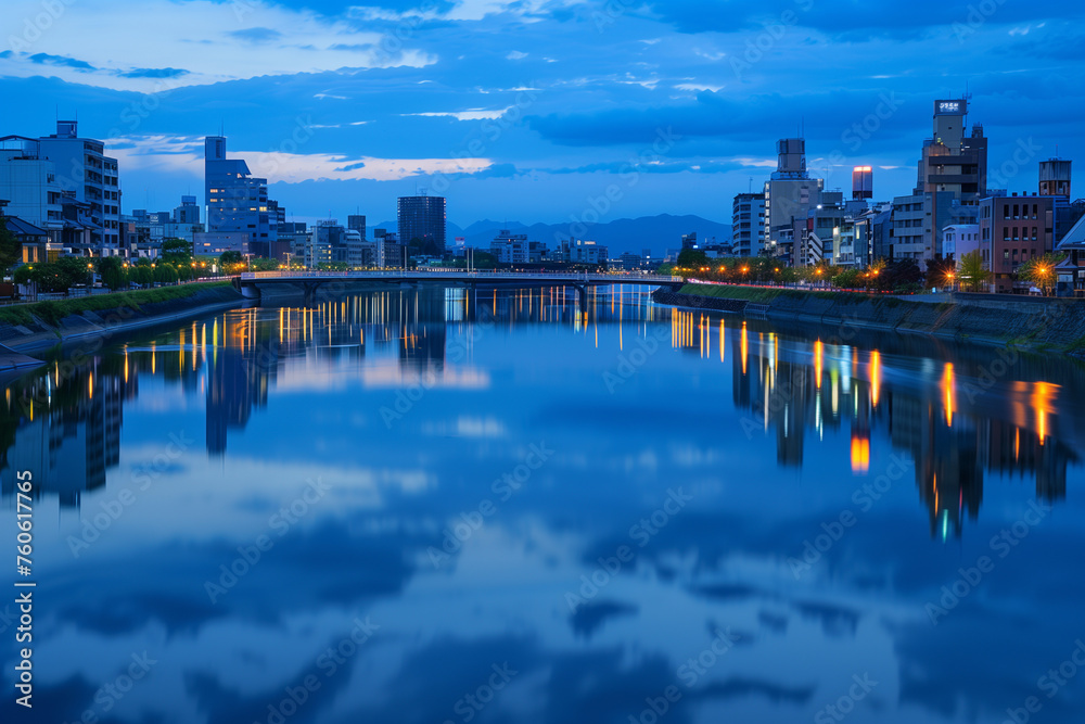 A serene portrait of the Kamo River at dusk, with the city lights reflecting on the water's surface, Japanese minimalistic style,