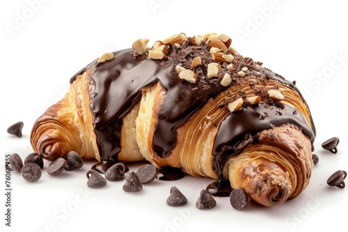 croissant with chocolate glaze, sprinkled with nuts and chocolate chips