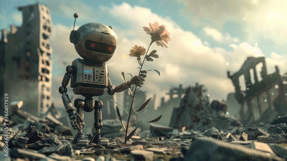 Little robot touching flowers in ruins of destroyed city. Little robot touching flowers in ruins of destroyed city.