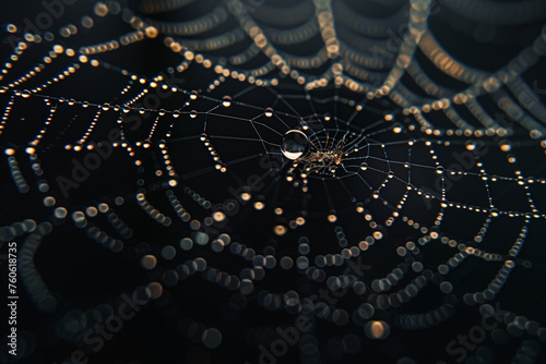 Close-up of water droplets clinging to a spider's web, illuminated by soft, diffused light against a dark backdrop, minimalistic style