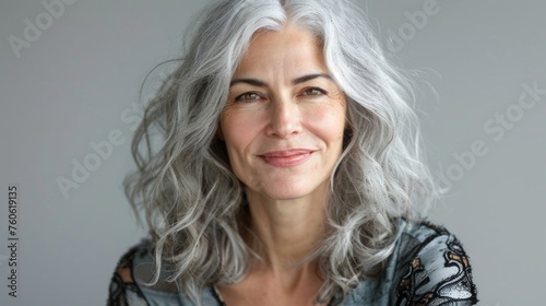 A smiling woman with grey hair posing for a photo. Suitable for lifestyle and happiness concepts