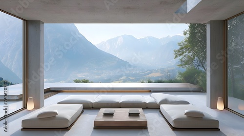 Minimalist Lounge Area with Breathtaking Mountain Range View in Serene Illumination © Rudsaphon