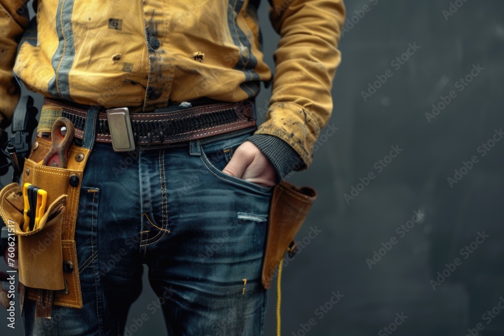A man in a yellow shirt holding a tool belt. Suitable for construction and handyman concepts A man in a yellow shirt holding a tool belt. Suitable for construction and handyman concepts
