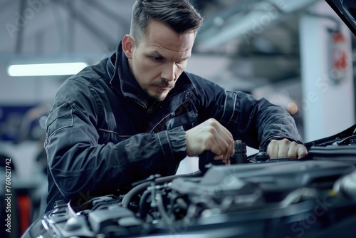 A man is seen working on a car in a garage. Suitable for automotive industry