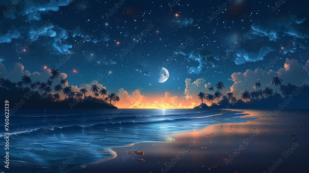 An image of a tropical island with palm trees, a sand beach, ocean waves, and coastline on the horizon surrounded by moon, stars and clouds in a dark sky at night. Modern cartoon background. An image of a tropical island with palm trees, a sand beach, ocean waves, and coastline on the horizon surrounded by moon, stars and clouds in a dark sky at night. Modern cartoon background.