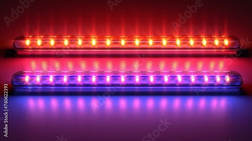 Neon lamp tube with blue glow modern on transparent background. Realistic laser stripe bulb in red and purple colors. Night flash lazer illustration.